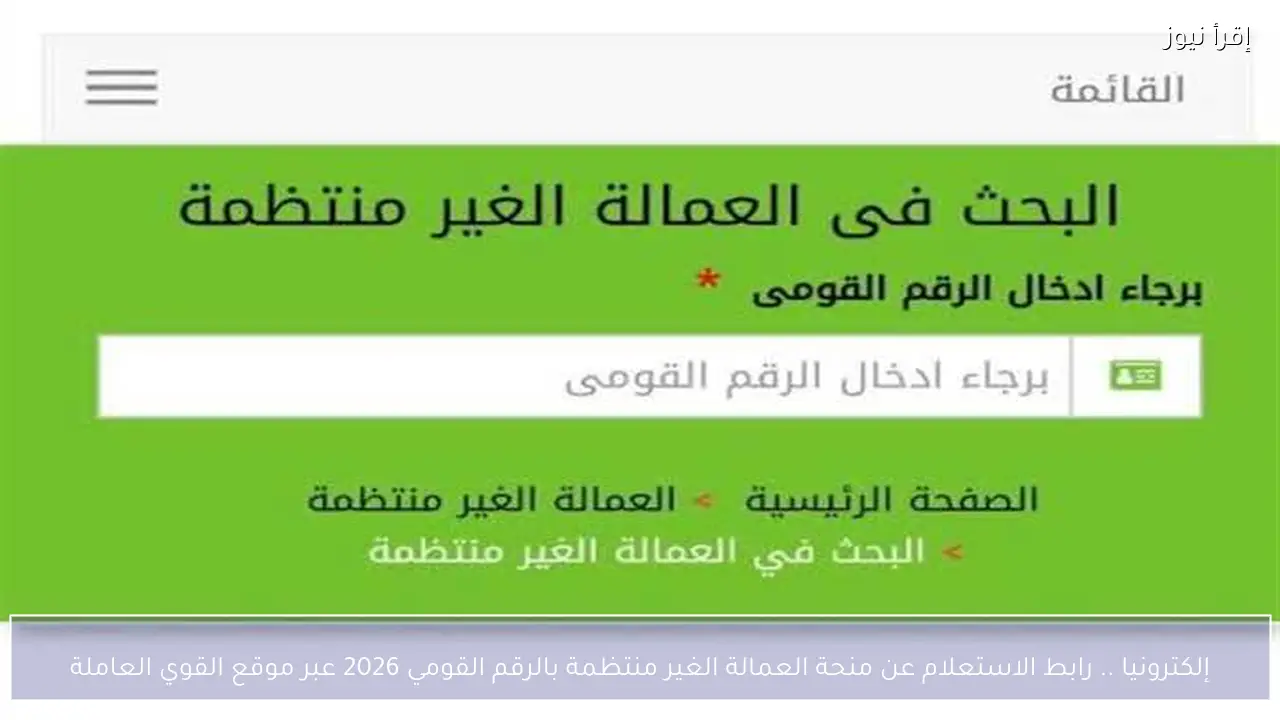 إلكترونيا .. رابط الاستعلام عن منحة العمالة الغير منتظمة بالرقم القومي 2026 عبر موقع القوي العاملة